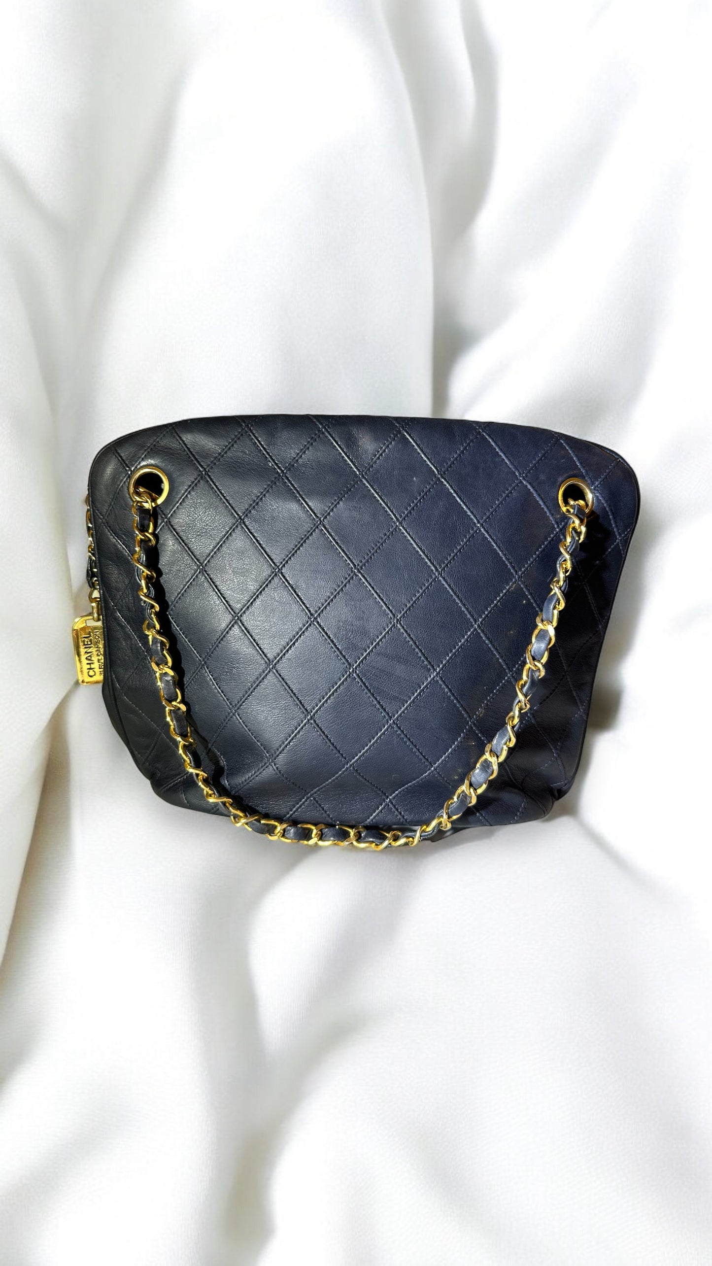 1989 Vintage Chanel Quilted Navy Blue Shoulder Bag