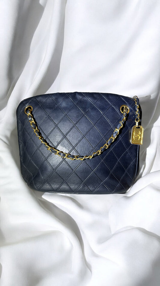 1989 Vintage Chanel Quilted Navy Blue Shoulder Bag