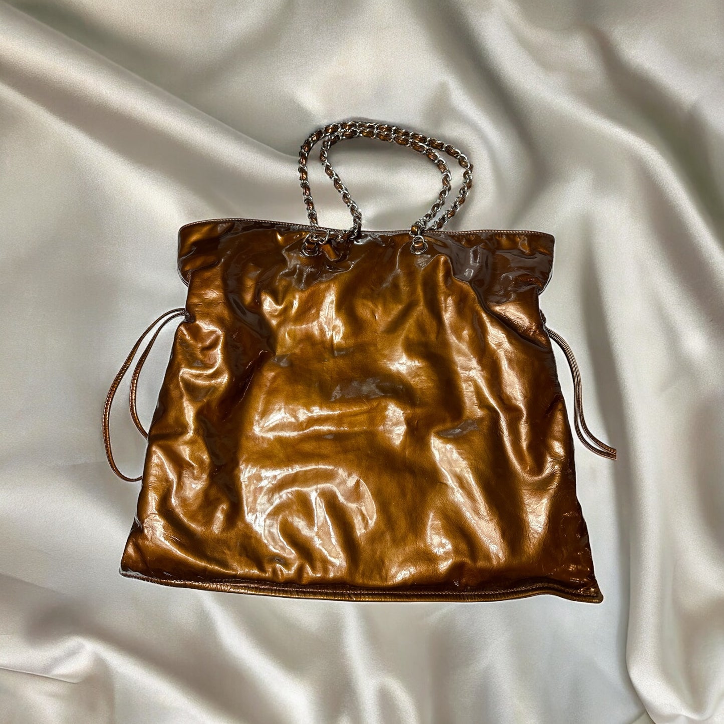 Vintage Chanel Bronze Jumbo Patent Bon Bon Cabas Tote Bag